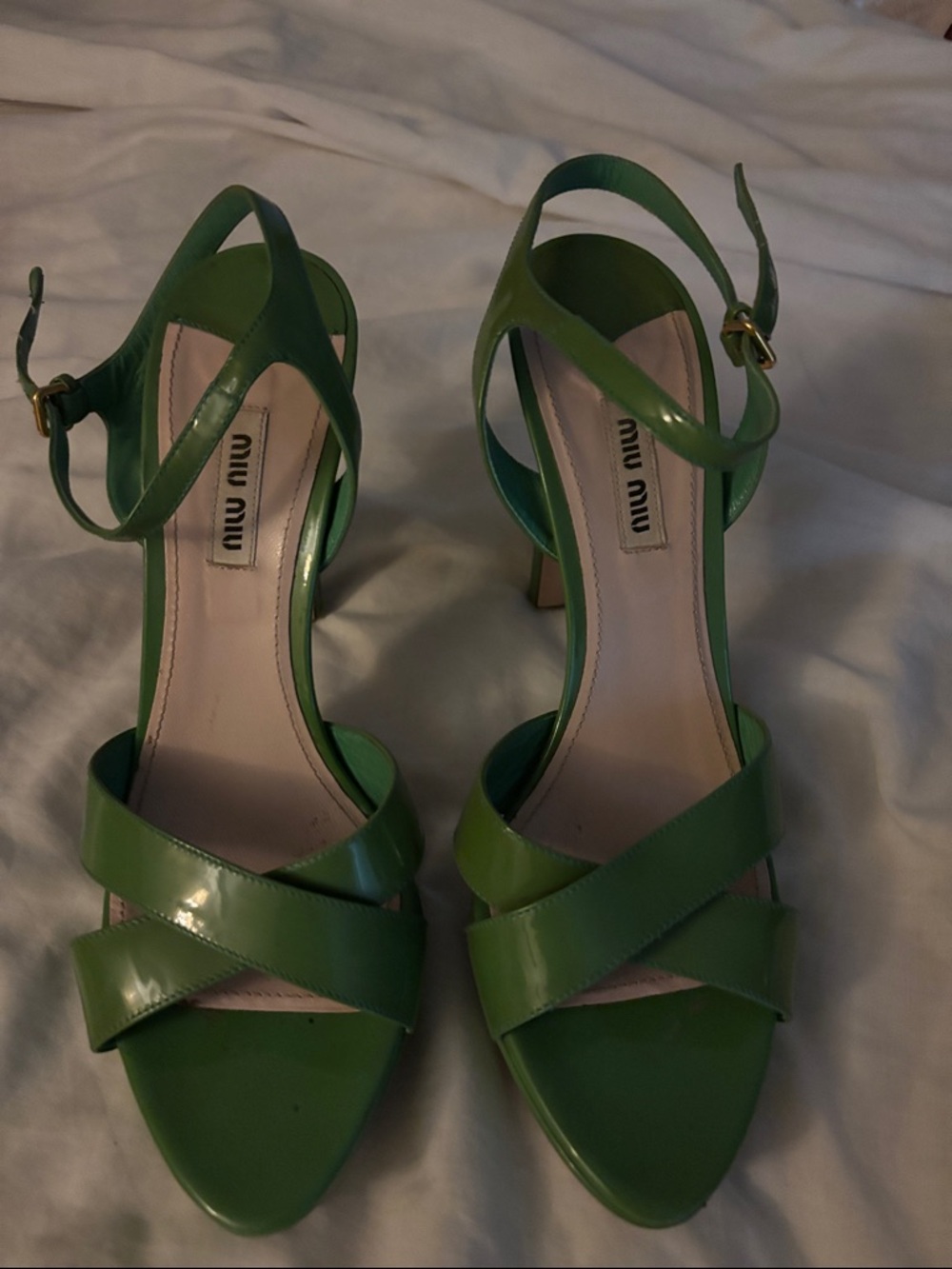 Miu Miu Green Patent Leather Crisscross Heels